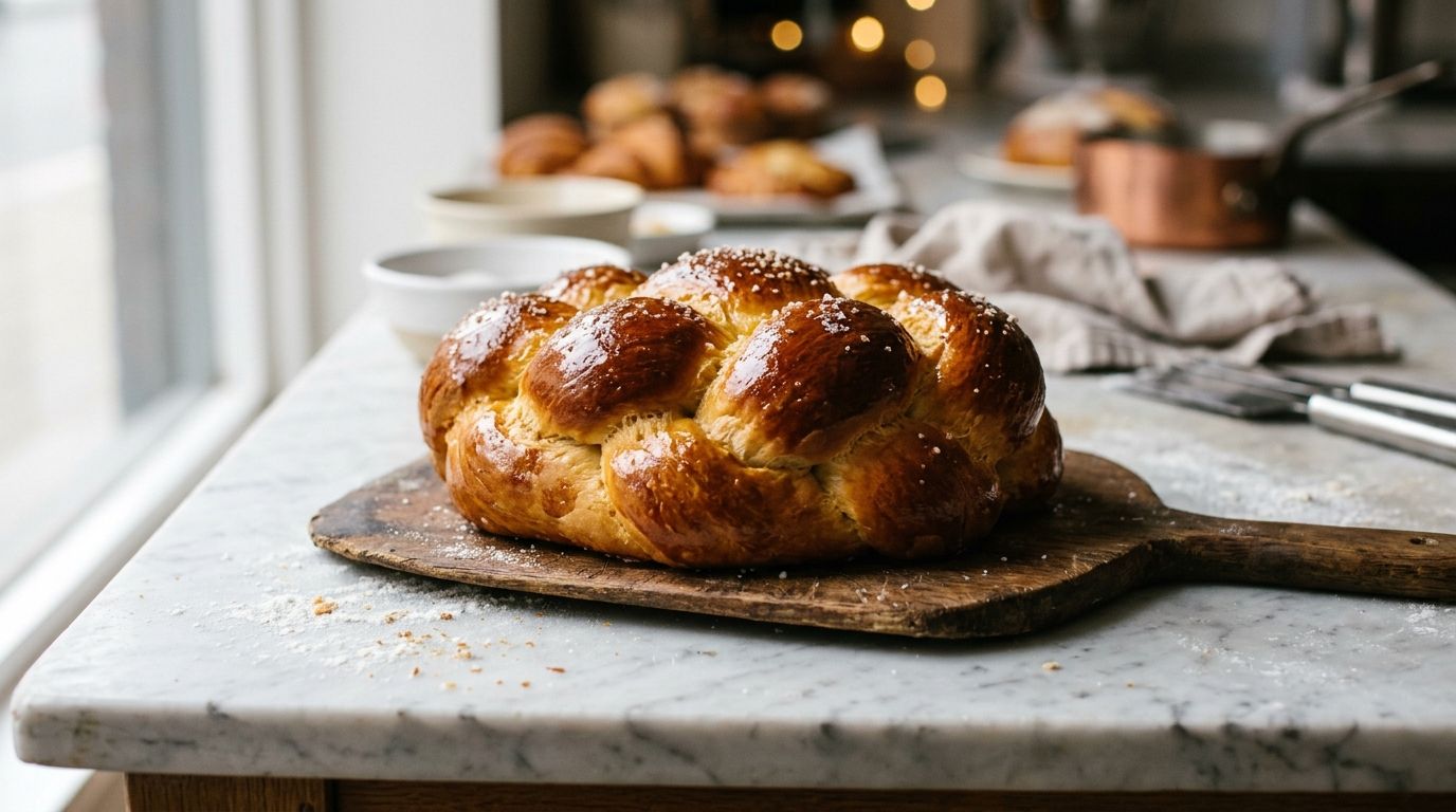 Brioche dorado y brillante recién horneado
