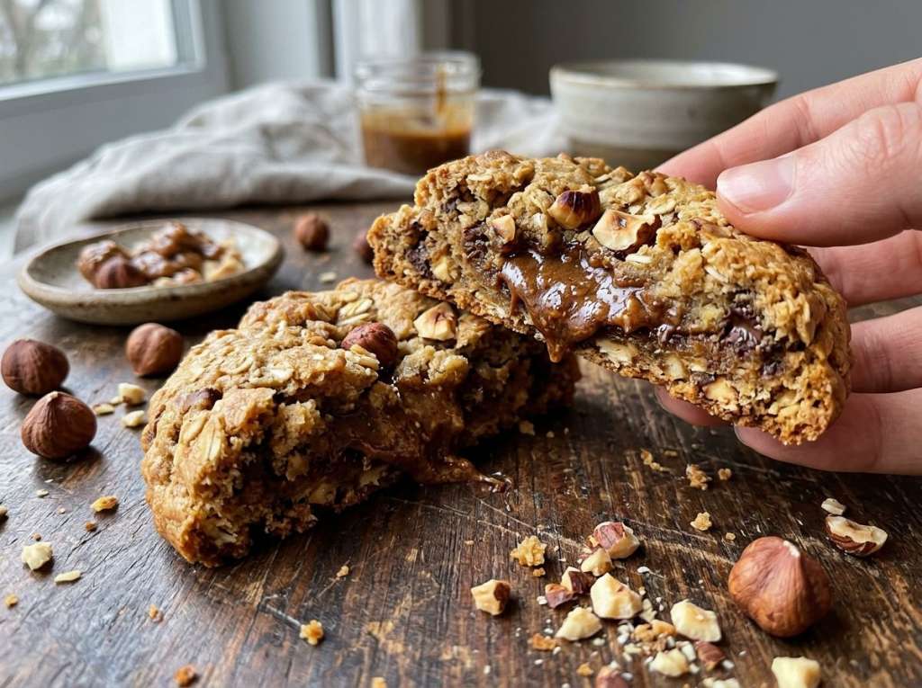 Cookie de avellana partida por la mitad con el centro tierno