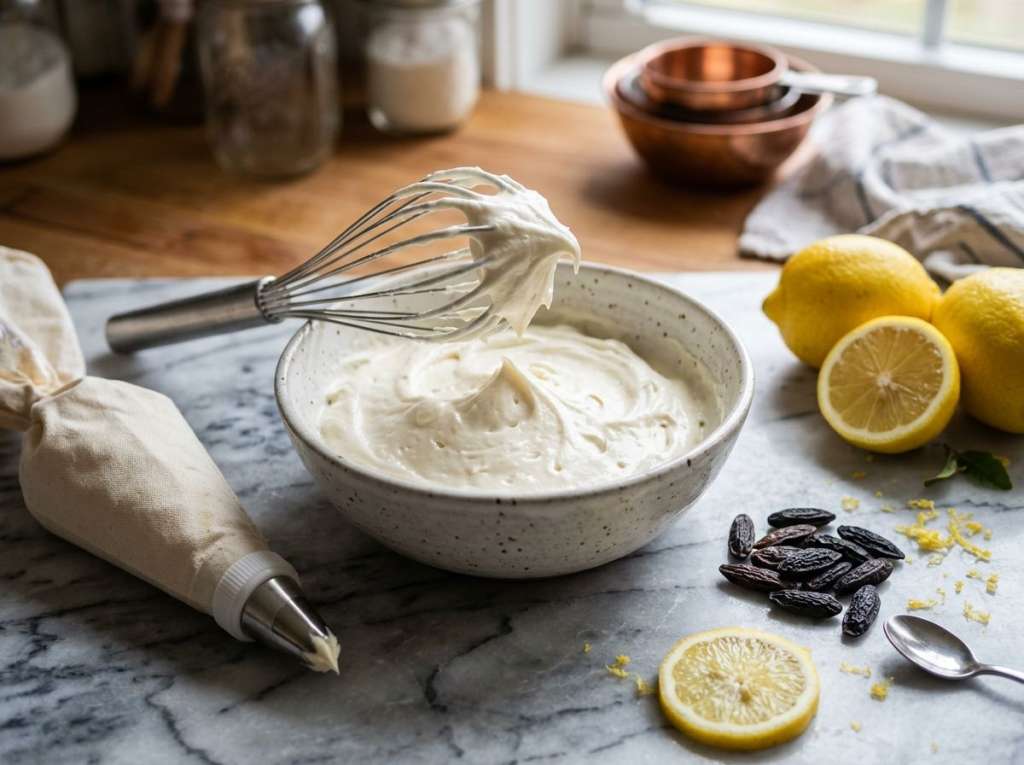 Ganache de chocolate blanco recién montada en el bol